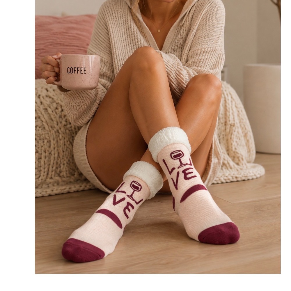 LeGale Pink Wine Glass Love Sherpa Lined Slipper Socks Non-Slip Grippers